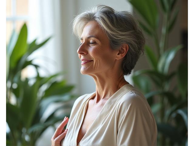 Eleanor Vance, founder of Onyx Bloom, meditating in a serene, modern botanical setting