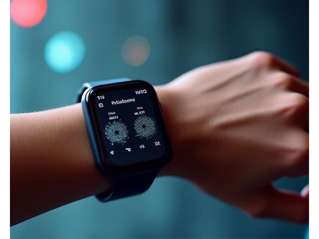 A person's wrist with a sleek wellness tracker displaying health metrics on a clean interface, with subtle data visualizations in the background.