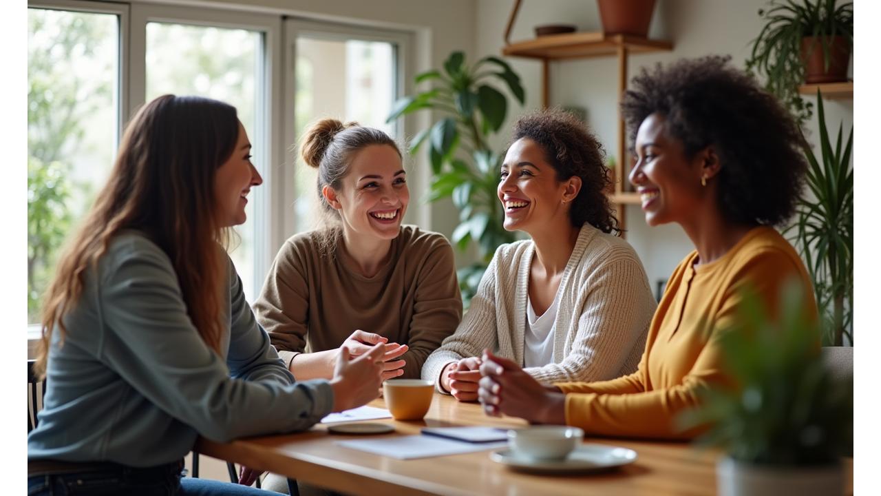 Diverse group of people smiling and interacting in a warm, inviting wellness setting, representing a vibrant online community.