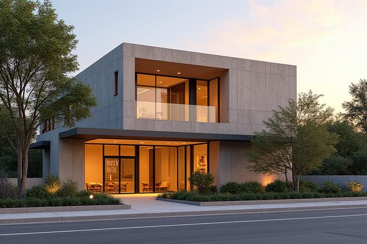 The modern exterior of Onyx Bloom's Austin headquarters, bathed in soft afternoon light.