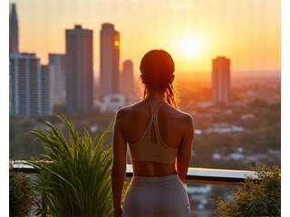 Vibrant aerial shot of Austin skyline with lush greenery and a person meditating on a rooftop terrace.