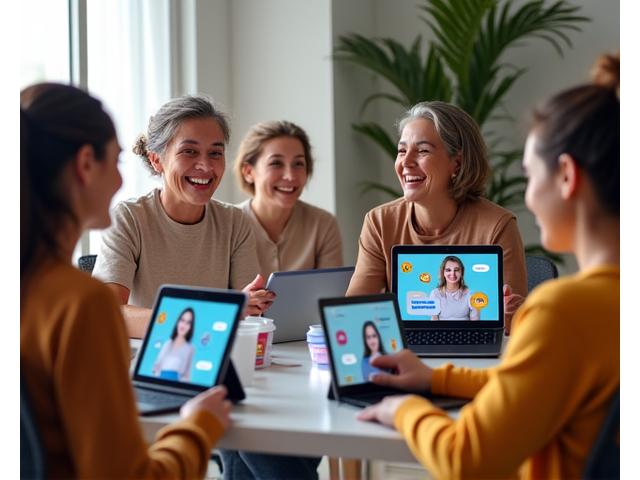 Diverse group of adults in a vibrant online community forum, with chat bubbles and friendly faces on screens, representing active discussion.
