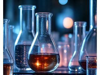 Close-up of scientific glassware and glowing elements, symbolizing cutting-edge longevity research.