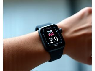 Sleek smart watch displaying health metrics on a wrist, with a blurry background of a modern gym or wellness center.