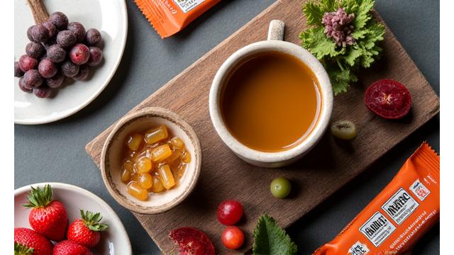 Artfully arranged functional foods like adaptogenic mushroom coffee, bone broth, and superfood snacks.