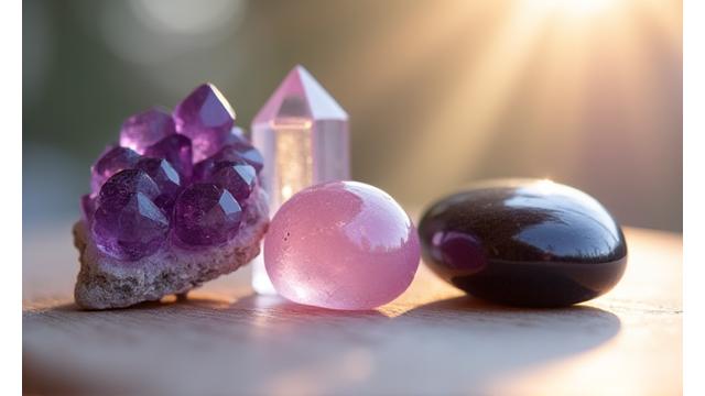 Various polished gemstones and crystals arranged aesthetically.