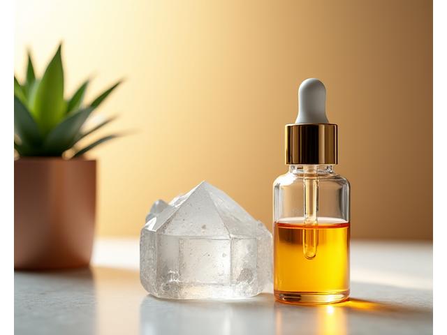 Glass vial of serum next to natural crystal and scientific notes, symbolizing expert-vetted wellness products.