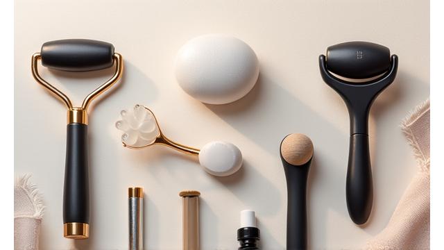 Modern self-care tools like a facial roller, gua sha, and smart massage device.