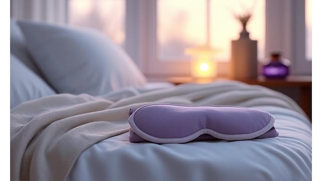 A serene bedroom setting with silk eye mask, lavender essential oil, and a weighted blanket.