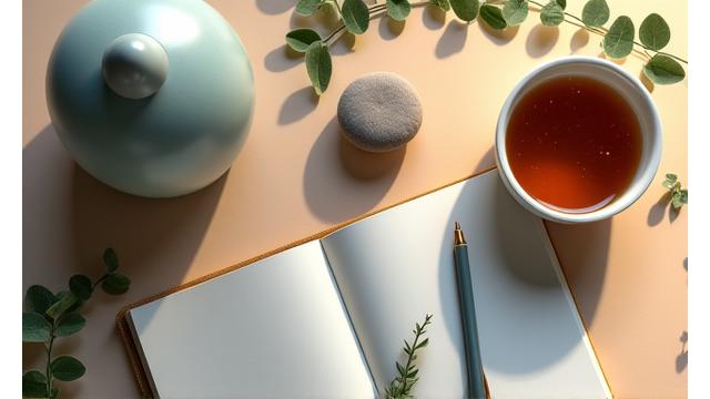 A calming scene with herbal tea, an aromatherapy diffuser, and a journal.