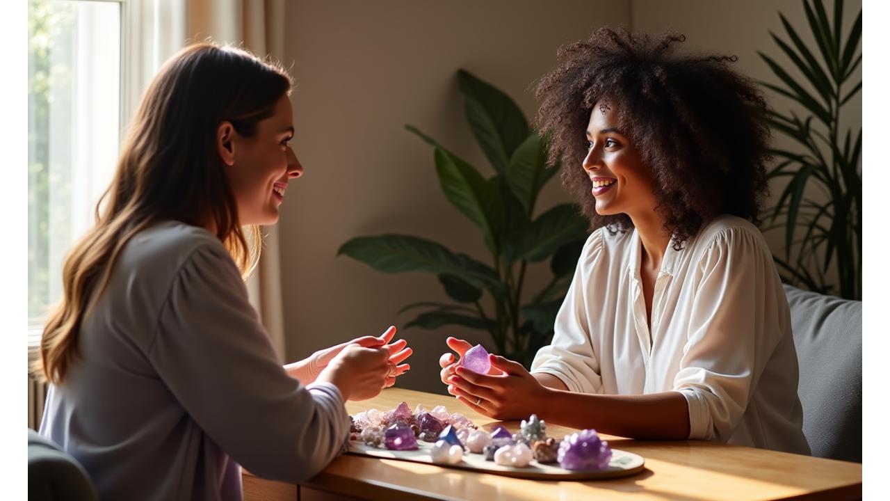 A certified crystal therapist guiding a client through crystal selection in a serene, well-lit studio setting.