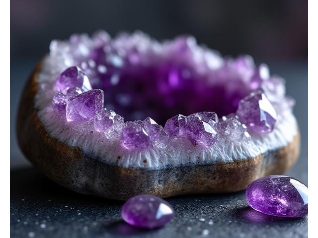 Polished Amethyst geode and tumbled stones on a textured surface