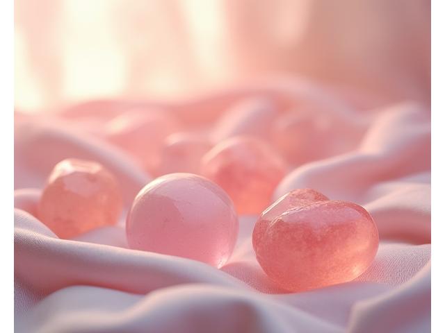 Smooth, pink Rose Quartz stones and a carved heart shape