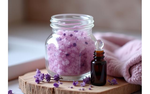 Luxurious crystal-infused bath salts and aromatherapy oils in elegant packaging.