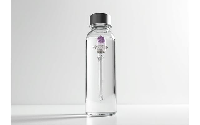 Sleek crystal water bottles with removable crystal inserts, alongside wellness accessories.