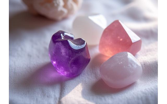 Various healing crystals like Amethyst, Selenite, and Rose Quartz arranged for meditation