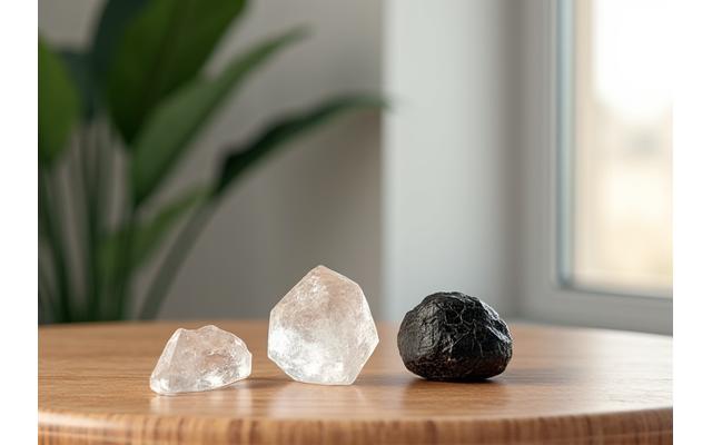 Feng shui crystals and decorative desk stones creating a serene home or office environment