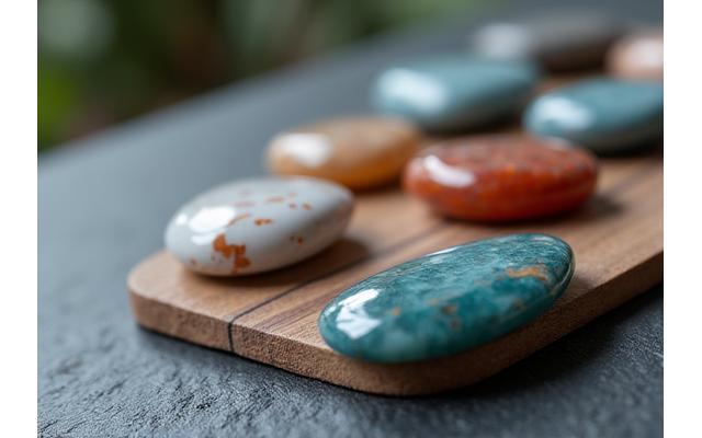Smooth, polished meditation gems and worry stones in various colors on a soft fabric
