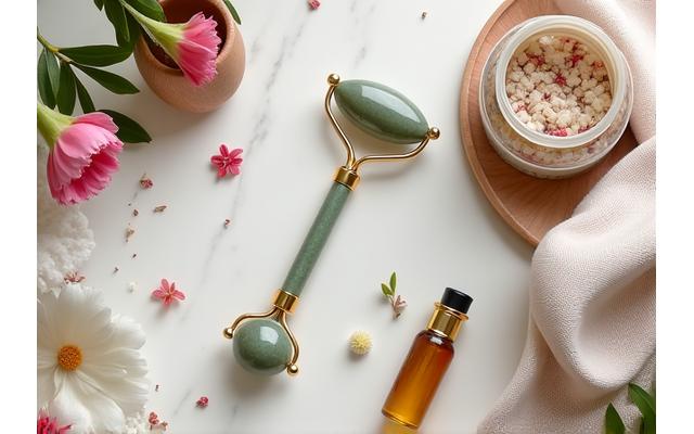 Various mineral-infused self-care products like bath bombs and facial rollers with crystal accents