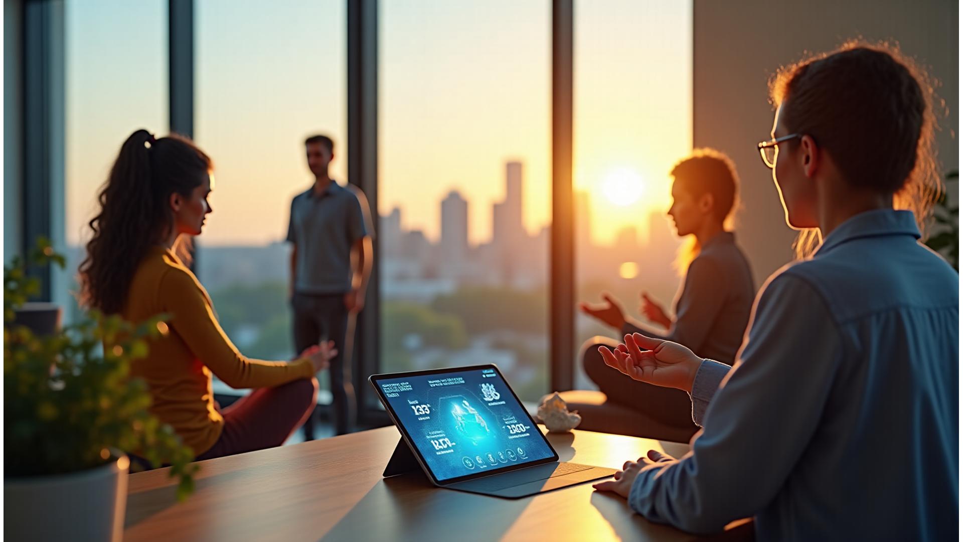 Diverse Austin professionals engaging with cutting-edge wellness technology, illustrating a vibrant, healthy lifestyle surrounded by natural elements like crystals and plants. Subtle parallax effect for depth.