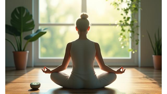 Person meditating peacefully, surrounded by calming elements
