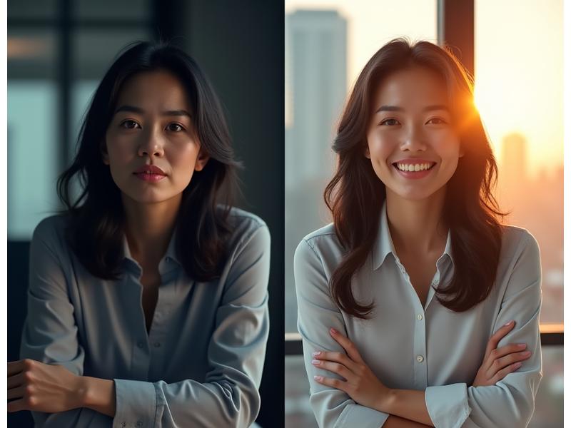 Split image showing a visibly stressed Austin tech executive 'before' with dark circles and then 'after' her wellness journey, appearing vibrant, energetic, and composed in a professional setting.