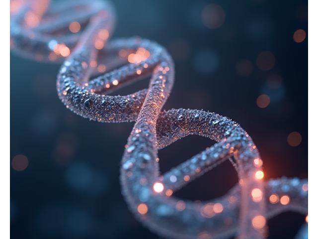 Close-up of a DNA double helix model illuminated by soft light, representing genetic analysis for personalized wellness.