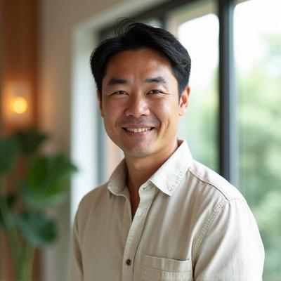 Portrait of David Lee, a functional medicine practitioner, looking approachable yet knowledgeable in a warm, natural light setting.