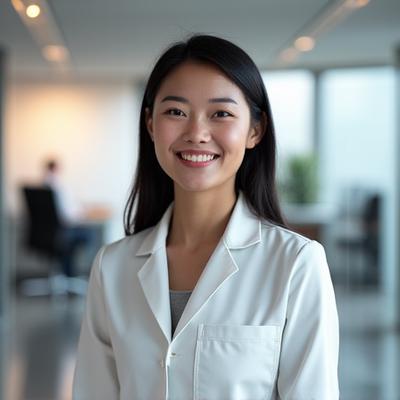 Portrait of Dr. Elara Anaya, a certified genetic counselor, smiling confidently in a modern, professional setting.