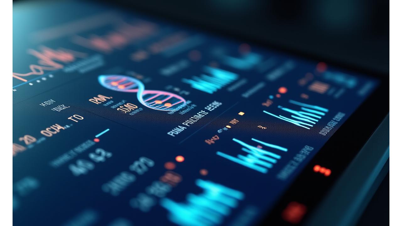 Interactive health dashboard with visualized DNA, microbiome, and wearable data points for personalized wellness recommendations.