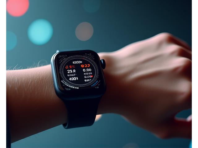 A sleek smartwatch displaying health metrics like heart rate and sleep patterns, wirelessly connecting to a digital interface.