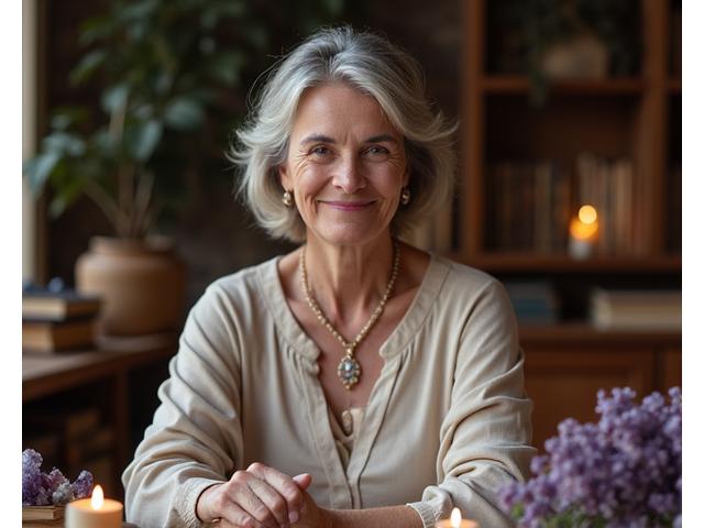 A wise, calm-looking crystal therapist providing guidance, surrounded by an array of healing crystals and ancient texts, conveying expertise and mentorship.