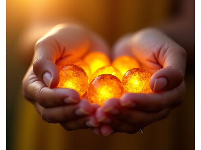 A person's hands holding luminous citrine and carnelian crystals during a sunrise, suggesting a morning energy activation ritual.