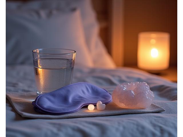 Softly lit bedside table with a glass of water, sleep mask, and polished moonstone, lepidolite, and selenite crystals artfully arranged, set for an evening ritual.