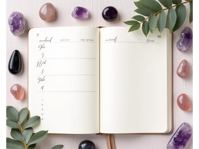 A serene overhead shot of an open journal surrounded by amethyst geodes, rose quartz, and a single black tourmaline stone, depicting a 21-day stress relief plan.