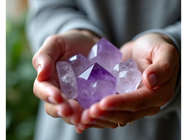 Close-up of hands gently holding clear quartz and amethyst crystals, evoking calm and intention.