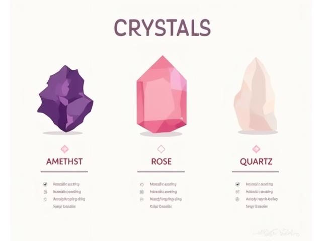 An infographic style chart showing various common crystals (Amethyst, Rose Quartz, Clear Quartz) with their properties for mental clarity, emotional healing, and energy amplification, against a clean, modern background.
