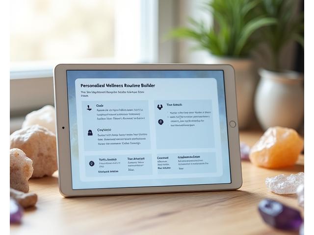 A tablet displaying a personalized wellness routine builder interface, with options for goals, time, and crystal selection, superimposed over a backdrop of various crystals.