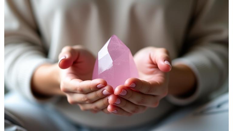 A woman's hands performing a breathing exercise with a polished rose quartz crystal placed over her heart chakra, illustrating a guided meditation step.