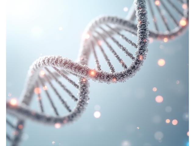 Detailed graphical representation of a human DNA helix with various genetic markers highlighted, showing personalized wellness data. Clean, scientific aesthetic.