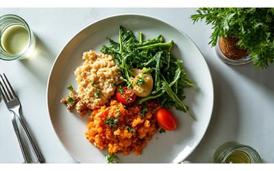 A beautifully plated, healthy gourmet meal with diverse ingredients, representing a personalized diet plan.