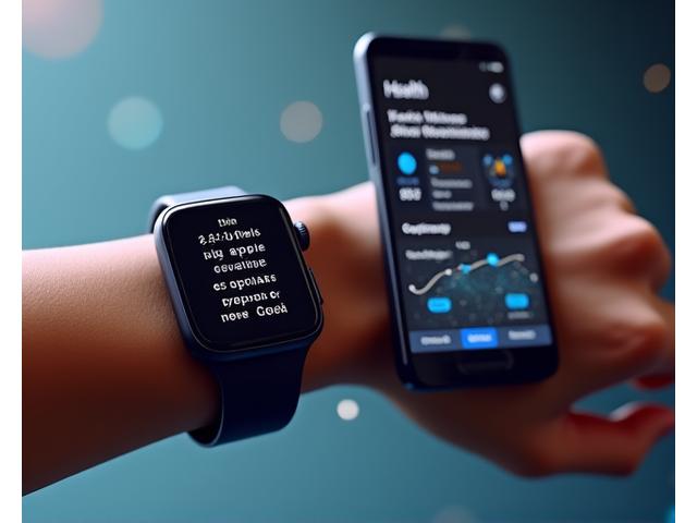 Modern smartwatch displaying health data and a mobile phone screen showing a personalized wellness app dashboard, with abstract biometric data streams connecting them. Dynamic and high-tech.