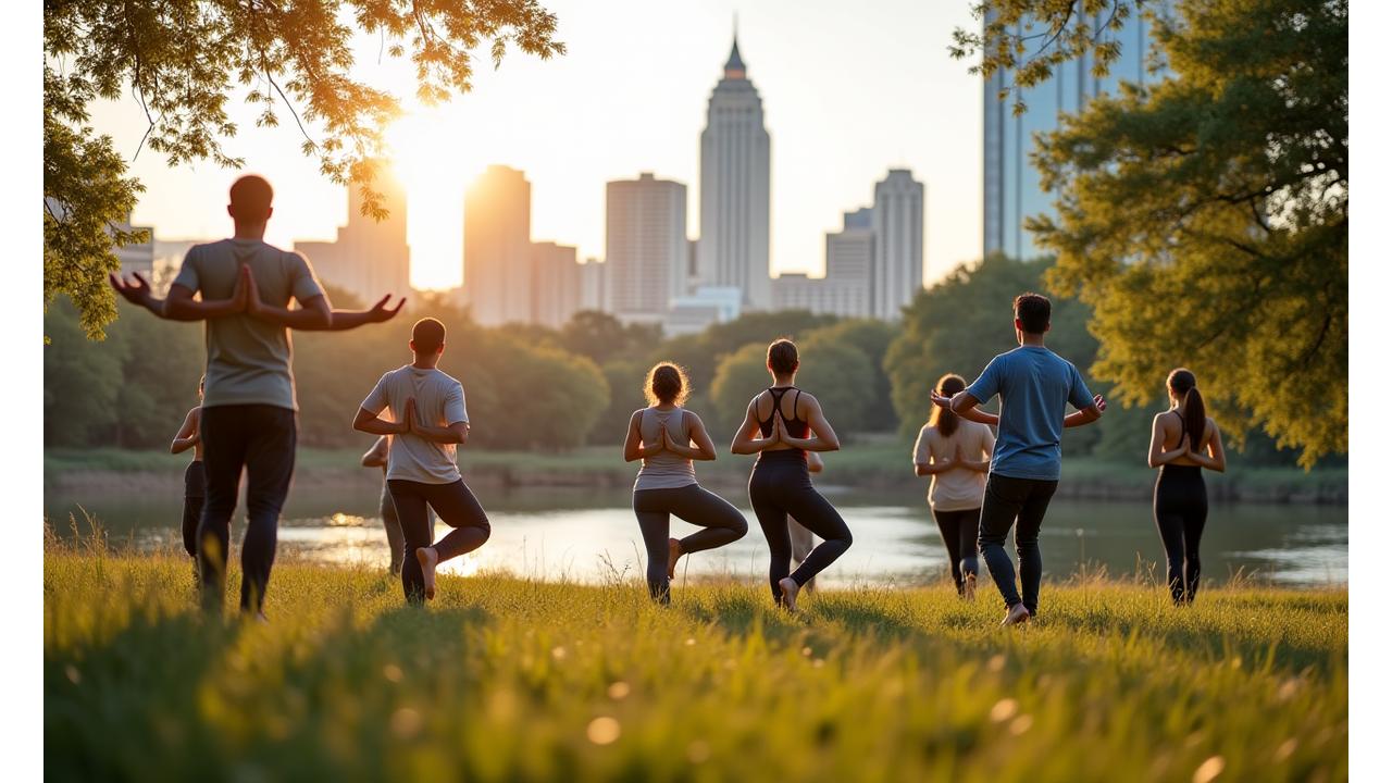 People practicing yoga in an outdoor Austin park, with the cityscape in the background, embodying community and wellness.