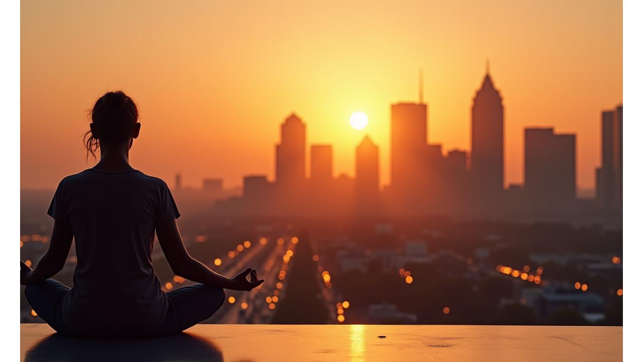 A serene Austin skyline at dawn, with a silhouette of a person meditating on a rooftop, symbolizing calm amidst urban life.