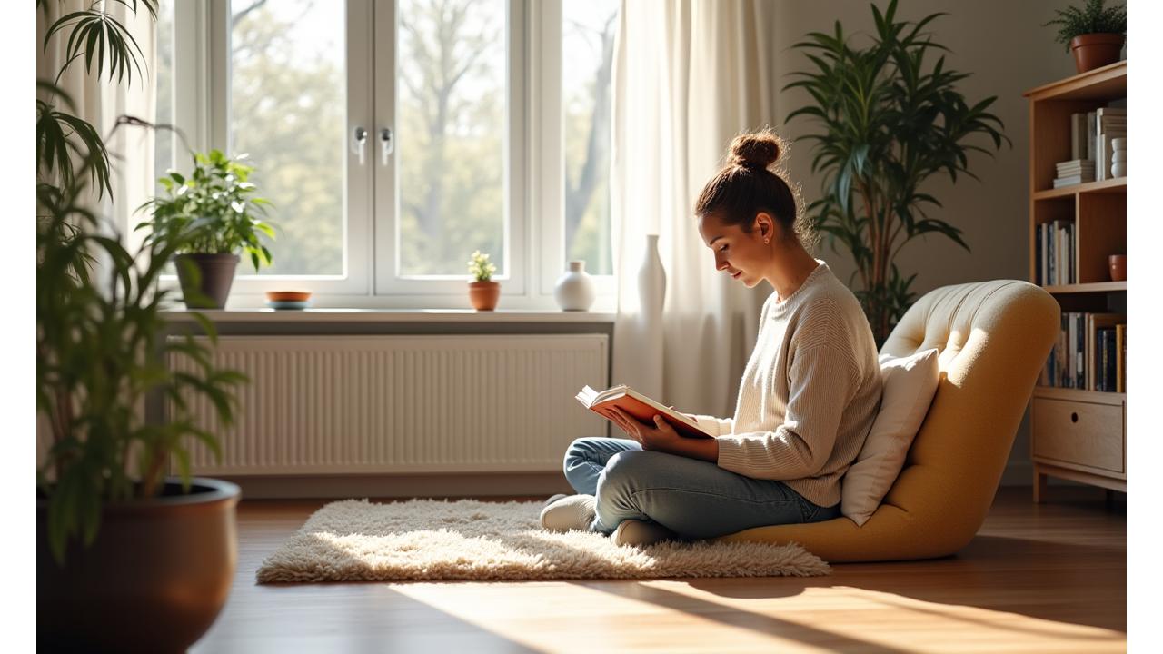 A person journaling peacefully in a beautifully organized, minimalist home, symbolizing mindful living.
