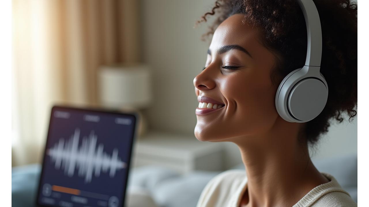 Someone meditating with headphones in a calm, minimalist setting with audio waves subtly depicted.