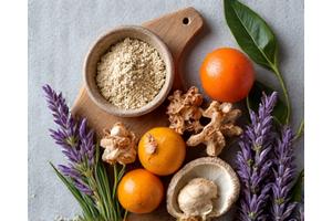 Array of adaptogenic herbs and natural supplements for stress relief.