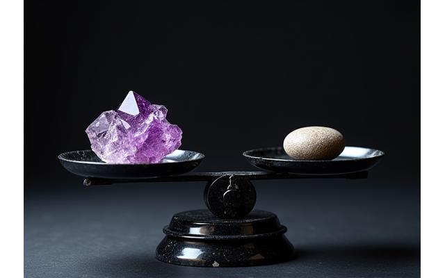 Elegant scales of justice balanced with natural elements like crystals, representing fair and balanced legal resolution