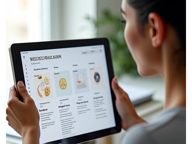 A sleek, modern digital calendar interface showing various wellness workshop bookings, with icons for nutrition, mindfulness, and sleep. A woman is engaged in a virtual meeting on a tablet to the side, soft lighting, professional and calm.