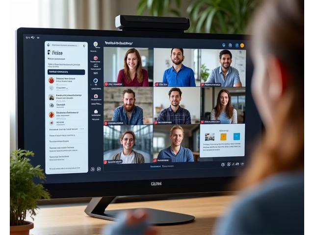 A screen capture of a virtual classroom platform with diverse participants engaging in a discussion. Clean UI, high-definition video feeds, and interactive elements visible, bathed in a sophisticated, modern light.